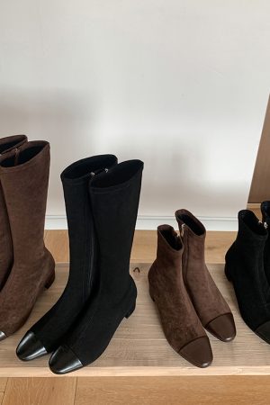 Chanel-Style Patchwork Chunky Heeled Long Boots for Women, Height-Increasing Slim-Fit Design, Fashionable Footwear for Petite Individuals