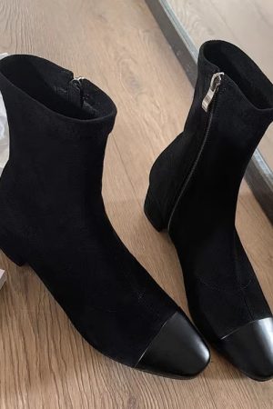 Chanel-Style Patchwork Chunky Heeled Long Boots for Women, Height-Increasing Slim-Fit Design, Fashionable Footwear for Petite Individuals