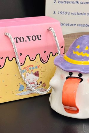 Charming Ceramic Graduation Mug for Girls, Stylish Ghost Design with Lid, Perfect Birthday Party Favor