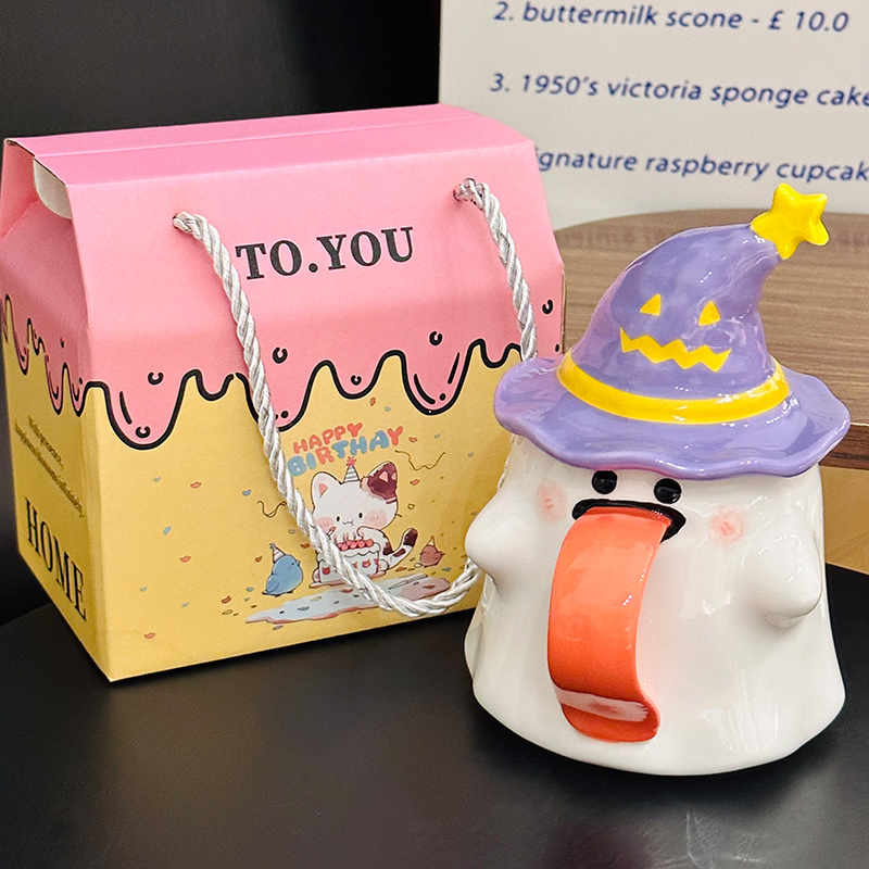 Charming Ceramic Graduation Mug for Girls, Stylish Ghost Design with Lid, Perfect Birthday Party Favor Charming Ceramic Graduation Mug for Girls, Stylish Ghost Design with Lid, Perfect Birthday Party Favor