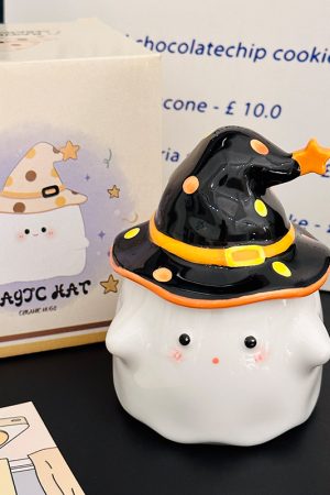 Charming Ceramic Graduation Mug for Girls, Stylish Ghost Design with Lid, Perfect Birthday Party Favor