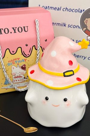 Charming Ceramic Graduation Mug for Girls, Stylish Ghost Design with Lid, Perfect Birthday Party Favor