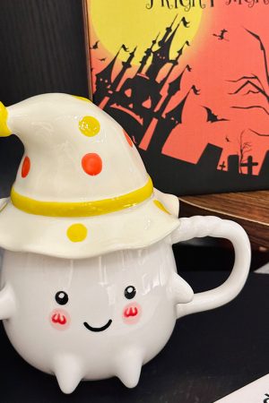 Charming Ceramic Graduation Mug for Girls, Stylish Ghost Design with Lid, Perfect Birthday Party Favor