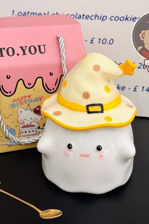 Charming Ceramic Graduation Mug for Girls, Stylish Ghost Design with Lid, Perfect Birthday Party Favor