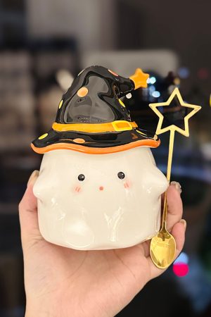 Charming Ceramic Graduation Mug for Girls, Stylish Ghost Design with Lid, Perfect Birthday Party Favor