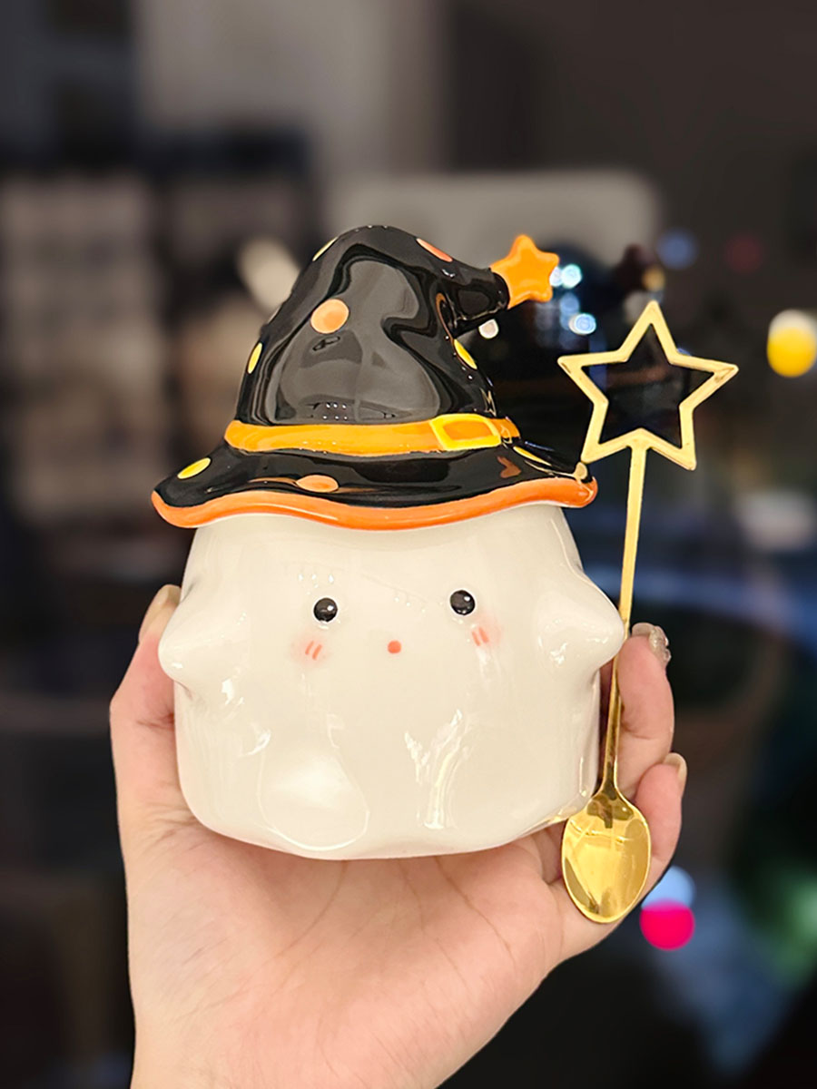 Charming Ceramic Graduation Mug for Girls, Stylish Ghost Design with Lid, Perfect Birthday Party Favor Charming Ceramic Graduation Mug for Girls, Stylish Ghost Design with Lid, Perfect Birthday Party Favor