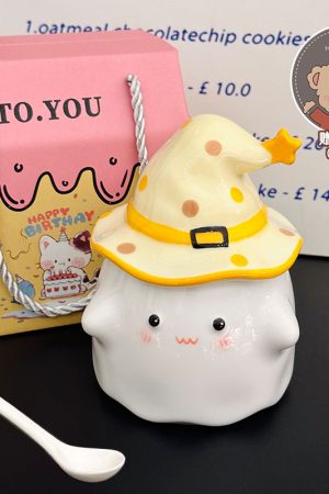 Charming Ceramic Graduation Mug for Girls, Stylish Ghost Design with Lid, Perfect Birthday Party Favor