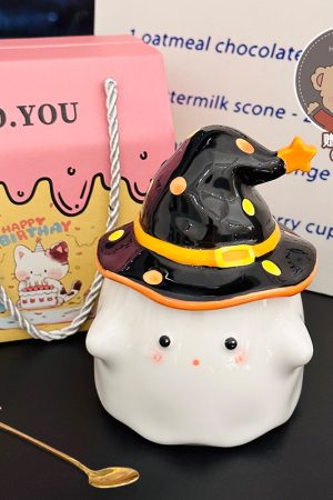 Charming Ceramic Graduation Mug for Girls, Stylish Ghost Design with Lid, Perfect Birthday Party Favor