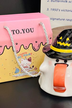 Charming Ceramic Graduation Mug for Girls, Stylish Ghost Design with Lid, Perfect Birthday Party Favor