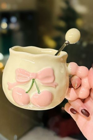 Charming Cherry Ceramic Mug with Underglaze Color, Embossed 3D Design - Unique Water Cup for Birthdays and Special Occasions