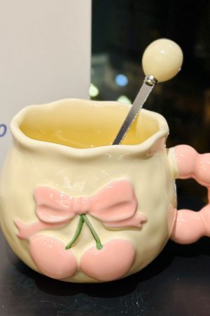 Charming Cherry Ceramic Mug with Underglaze Color, Embossed 3D Design - Unique Water Cup for Birthdays and Special Occasions