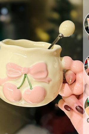 Charming Cherry Ceramic Mug with Underglaze Color, Embossed 3D Design - Unique Water Cup for Birthdays and Special Occasions