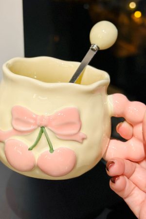 Charming Cherry Ceramic Mug with Underglaze Color, Embossed 3D Design - Unique Water Cup for Birthdays and Special Occasions