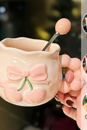 Charming Cherry Ceramic Mug with Underglaze Color, Embossed 3D Design - Unique Water Cup for Birthdays and Special Occasions