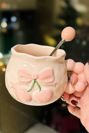 Charming Cherry Ceramic Mug with Underglaze Color, Embossed 3D Design - Unique Water Cup for Birthdays and Special Occasions