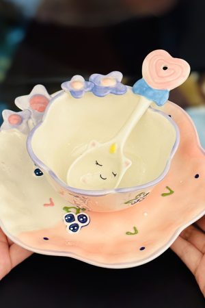 Charming Embossed Flower Dinnerware Set for Girls - Under-glaze Ceramic Yogurt Bowls and Plates, Cute Floral Design