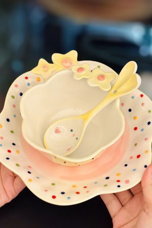 Charming Embossed Flower Dinnerware Set for Girls - Under-glaze Ceramic Yogurt Bowls and Plates, Cute Floral Design