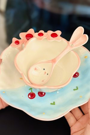 Charming Embossed Flower Dinnerware Set for Girls - Under-glaze Ceramic Yogurt Bowls and Plates, Cute Floral Design