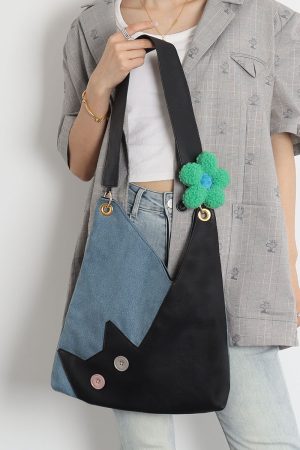 Checkered Denim Cat Plush Large Capacity Shoulder Crossbody Bag - Cute Artistic Style for Unique Fashion Lovers