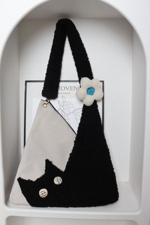 Checkered Denim Cat Plush Large Capacity Shoulder Crossbody Bag - Cute Artistic Style for Unique Fashion Lovers