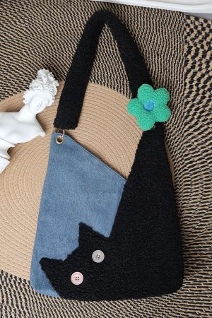 Checkered Denim Cat Plush Large Capacity Shoulder Crossbody Bag - Cute Artistic Style for Unique Fashion Lovers