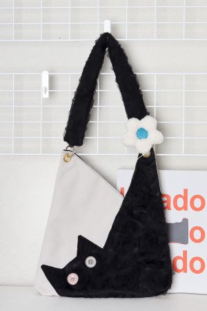 Checkered Denim Cat Plush Large Capacity Shoulder Crossbody Bag - Cute Artistic Style for Unique Fashion Lovers