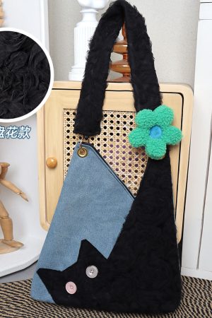 Checkered Denim Cat Plush Large Capacity Shoulder Crossbody Bag - Cute Artistic Style for Unique Fashion Lovers