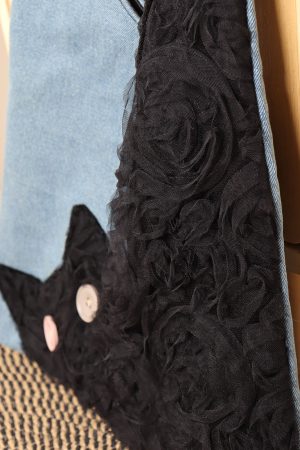 Checkered Denim Cat Plush Large Capacity Shoulder Crossbody Bag - Cute Artistic Style for Unique Fashion Lovers