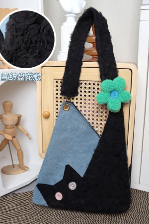 Checkered Denim Cat Plush Large Capacity Shoulder Crossbody Bag - Cute Artistic Style for Unique Fashion Lovers