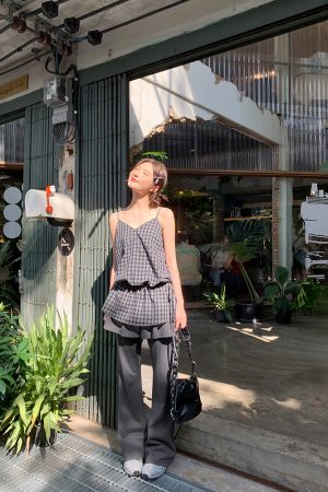 Checkered Long Camisole for Women - Strap Waist Casual Top in Summer 2025 Style, Perfect for Petite Sizes, Trendy 90s Inspired Fashion