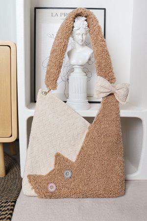 Checkered Plush Cat Shoulder Bag - Large Capacity Crossbody in Melard Forest Style - Cute Niche Design
