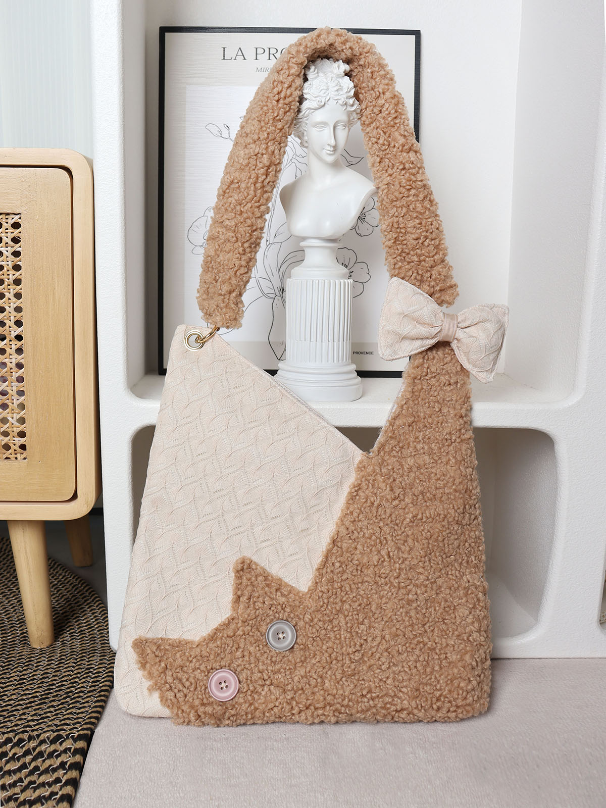 Checkered Plush Cat Shoulder Bag - Large Capacity Crossbody in Melard Forest Style - Cute Niche Design Checkered Plush Cat Shoulder Bag - Large Capacity Crossbody in Melard Forest Style - Cute Niche Design