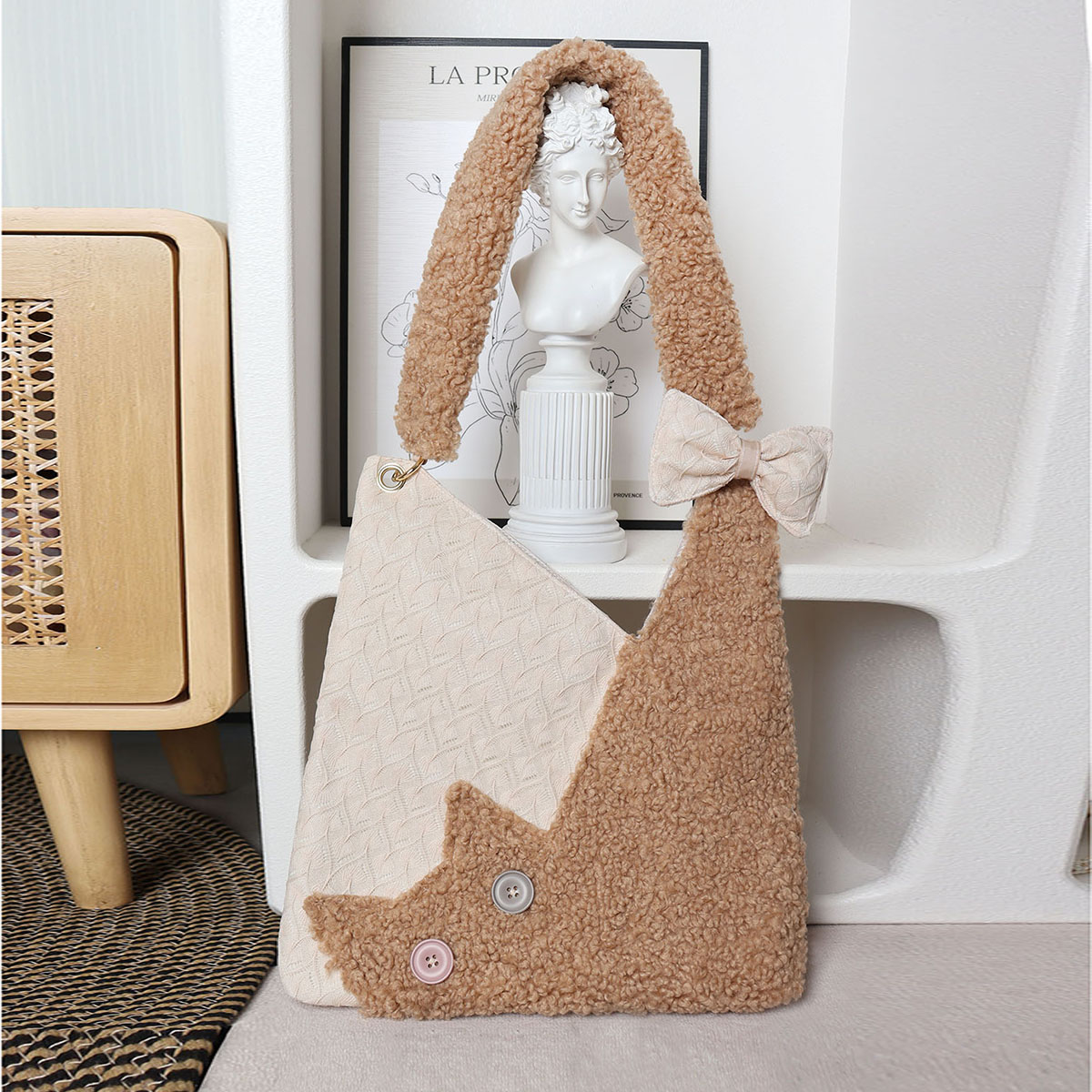 Checkered Plush Cat Shoulder Bag - Large Capacity Crossbody in Melard Forest Style - Cute Niche Design Checkered Plush Cat Shoulder Bag - Large Capacity Crossbody in Melard Forest Style - Cute Niche Design