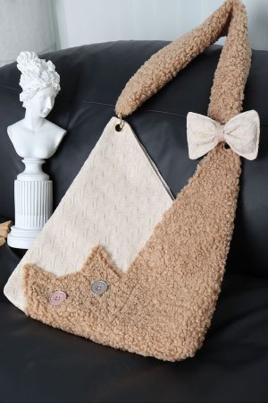 Checkered Plush Cat Shoulder Bag - Large Capacity Crossbody in Melard Forest Style - Cute Niche Design