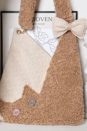 Checkered Plush Cat Shoulder Bag - Large Capacity Crossbody in Melard Forest Style - Cute Niche Design