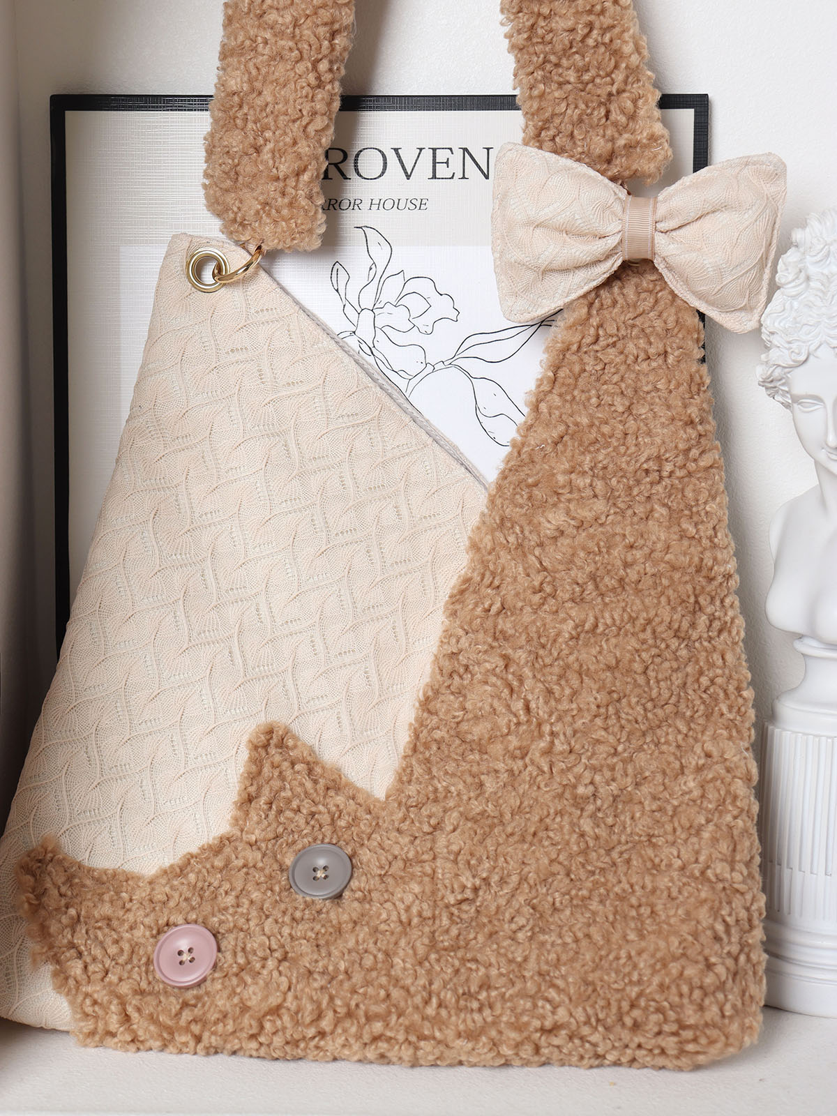 Checkered Plush Cat Shoulder Bag - Large Capacity Crossbody in Melard Forest Style - Cute Niche Design Checkered Plush Cat Shoulder Bag - Large Capacity Crossbody in Melard Forest Style - Cute Niche Design