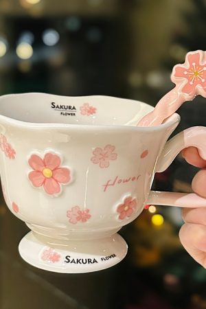 Cherry Blossom Ceramic Mug with Spoon - Aesthetic Coffee Cup for Girls, Perfect Office Gift or Valentine's Day Present