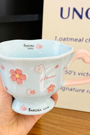 Cherry Blossom Ceramic Mug with Spoon - Aesthetic Coffee Cup for Girls, Perfect Office Gift or Valentine's Day Present