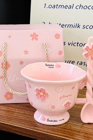 Cherry Blossom Ceramic Mug with Spoon - Aesthetic Coffee Cup for Girls, Perfect Office Gift or Valentine's Day Present