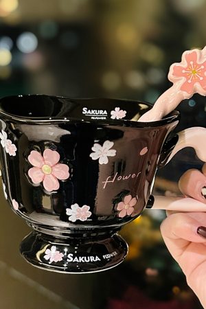 Cherry Blossom Ceramic Mug with Spoon - Aesthetic Coffee Cup for Girls, Perfect Office Gift or Valentine's Day Present