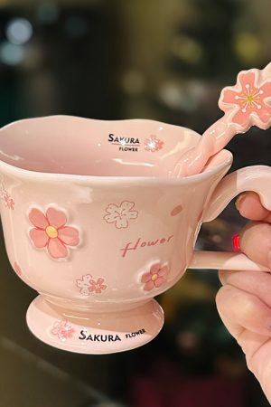 Cherry Blossom Ceramic Mug with Spoon - Aesthetic Coffee Cup for Girls, Perfect Office Gift or Valentine's Day Present