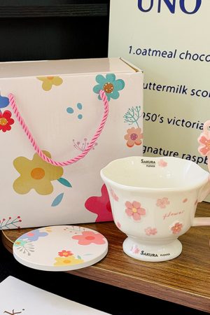 Cherry Blossom Ceramic Mug with Spoon - Aesthetic Coffee Cup for Girls, Perfect Office Gift or Valentine's Day Present