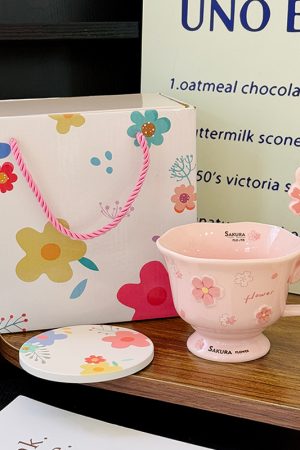 Cherry Blossom Ceramic Mug with Spoon - Aesthetic Coffee Cup for Girls, Perfect Office Gift or Valentine's Day Present