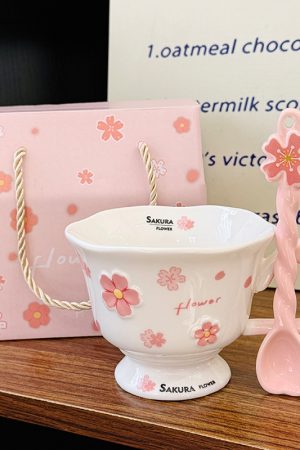 Cherry Blossom Ceramic Mug with Spoon - Aesthetic Coffee Cup for Girls, Perfect Office Gift or Valentine's Day Present