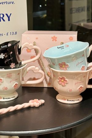 Cherry Blossom Ceramic Mug with Spoon - Aesthetic Coffee Cup for Girls, Perfect Office Gift or Valentine's Day Present