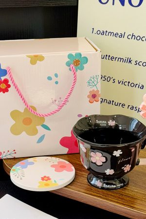 Cherry Blossom Ceramic Mug with Spoon - Aesthetic Coffee Cup for Girls, Perfect Office Gift or Valentine's Day Present