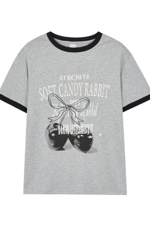Cherry Print Color-Blocked Round Neck Loose Casual Summer Top - Gray White Multicolor Tee for Girls, Y2K Fashion Style