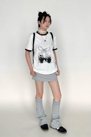 Cherry Print Color-Blocked Round Neck Loose Casual Summer Top - Gray White Multicolor Tee for Girls, Y2K Fashion Style