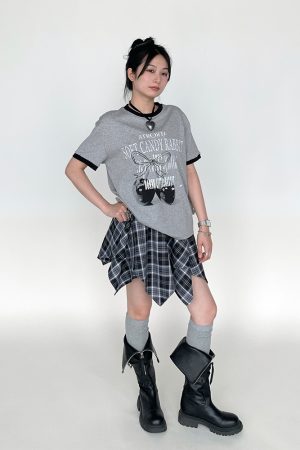 Cherry Print Color-Blocked Round Neck Loose Casual Summer Top - Gray White Multicolor Tee for Girls, Y2K Fashion Style