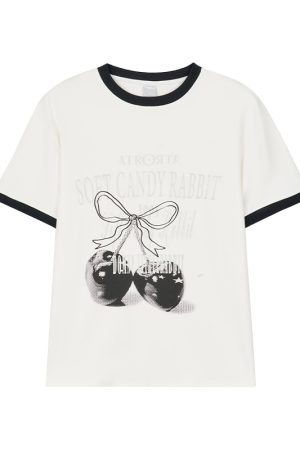 Cherry Print Color-Blocked Round Neck Loose Casual Summer Top - Gray White Multicolor Tee for Girls, Y2K Fashion Style